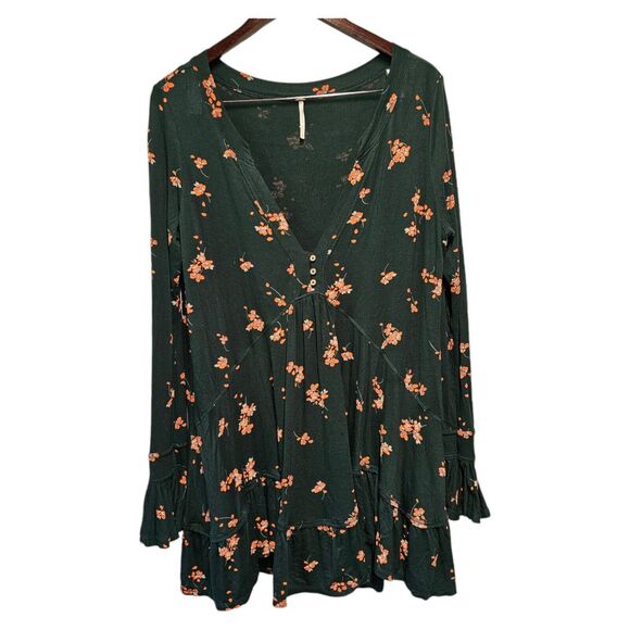 FREE PEOPLE Baby Doll Tunic Green Floral Long Sleeve SMALL Oversized BOHO - Picture 1 of 4